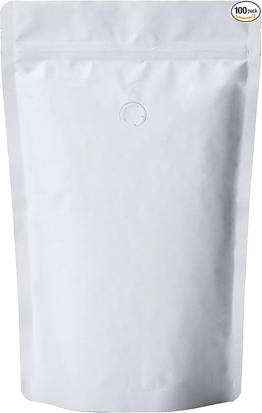 12oz Coffee Bags 100 Pieces - High Barrier White Kraft Paper Stand up Ziplock Pouches Bags with Valve & Zipper (100 Pcs, 12 Ounce/340 Gram/0.75 lb)