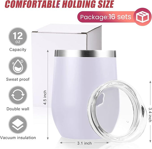 16 Pack Stainless Steel Wine Tumblers 12 oz Insulated Vacuum Wine Cup Set Double Wall Stainless Steel Stemless Mug Glasses for Coffee Soda Whiskey Outdoor Travel (White)