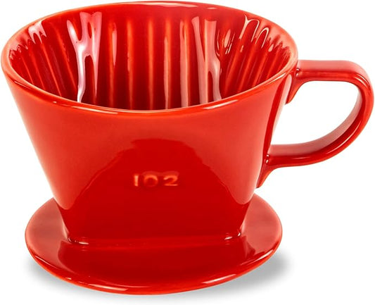 Pour Over Ceramic - Coffee Dripper Ceramic Coffee Maker with 3 Holes Flat Bottom, Porcelain Slow Filter Cone for Travel, Camping, Office, Home, Coffee Maker Brew, Red