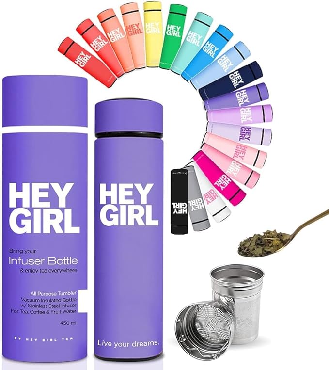Hey Girl Tea Infuser Bottle 450ml - Insulated Stainless Steel Water Bottle - Tea Tumbler with Tea Diffuser - Portable Travel Mug for Loose Leaf Tea & Infused Water - Tea Lovers Gifts for Women