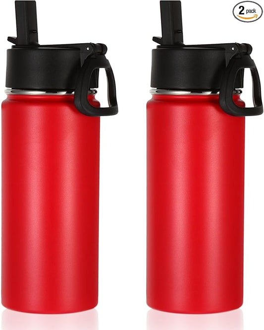 Volhoply 16 OZ Kids Water Bottle Bulk 2 Pack,Insulated Sports Bottles with Straw Lid,Stainless Steel Bottle with Handle Keep Cold & Hot,Double Wall Vacuum Tumbler Cups for School,Girls(Red, 2)