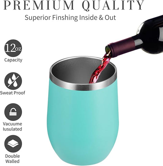 MEWAY 12oz/12 Pack Wine Tumbler Glasses with Lid -Double Wall Vacuum Stainless Steel Travel Tumbler Mug,Stemless Insulated Wine Cup for,Coffee,Cocktails,Gifts (Light green,Set of 12)