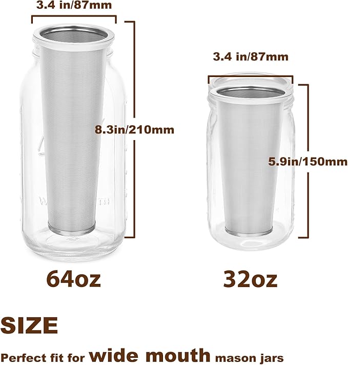 Cold Brew Coffee Filter for 64 OZ Wide Mouth Mason Jar, 304 Stainless Steel Strainer with Seal Ring for Iced Drinks, Sun Tea Infuser and Cold Brew Coffee Maker