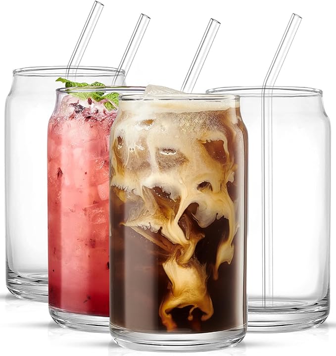 Drinking Glass Set of 4 - Can Sake Cups with Straws and Tumbler, 16oz Iced Coffee & Tea Glasses, Clear Whiskey Soda & Beer Glasses
