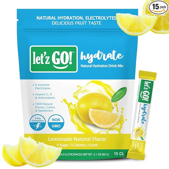 Let'z Go! Hydrate- Natural Hydration + Electrolyte Drink Mix- Hydration + Electrolytes + Antioxidant Powder Packets, Natural Flavors, Vitamins C + D | No Sugar | No Calories | (15 Count) Lemonade