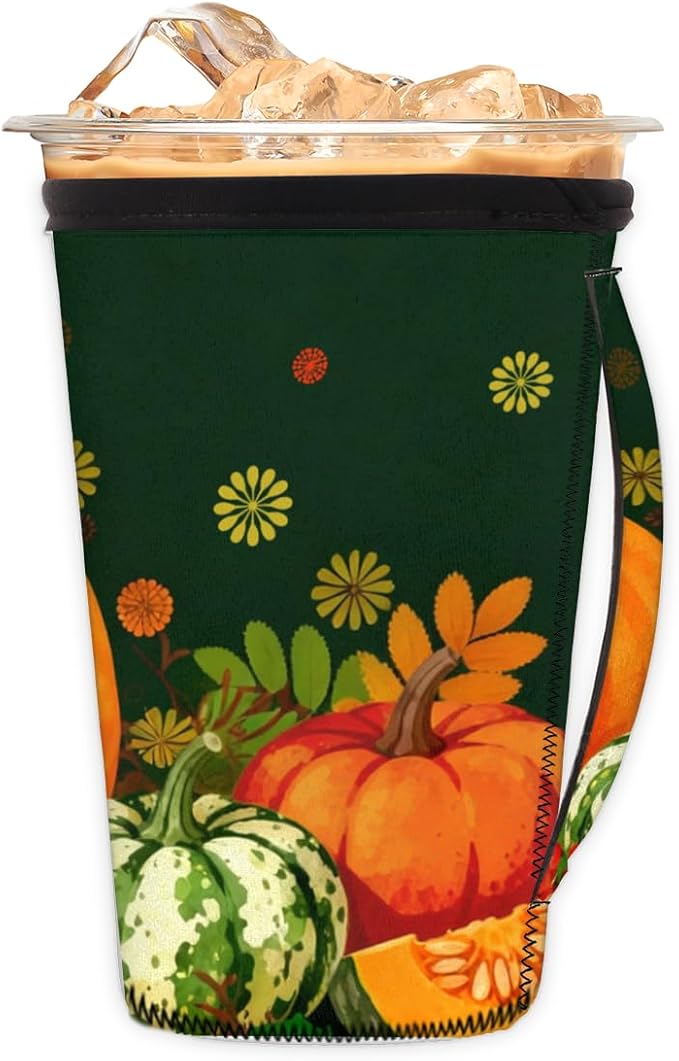 Pardick Pumpkin Autumn Reusable Insulator Coffee Sleeves for Drinks Beverages,Fall Leaves Neoprene Holder with Handle for Most Coffee or Ice Drink, 24-28oz