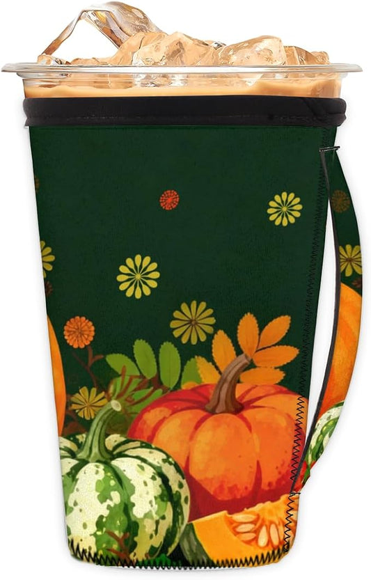 Pardick Pumpkin Autumn Reusable Insulator Coffee Sleeves for Drinks Beverages,Fall Leaves Neoprene Holder with Handle for Most Coffee or Ice Drink, 24-28oz