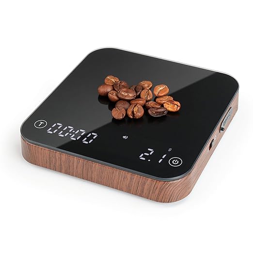 KitchenTour CaféMetric Coffee Scale with Timer 0.1g/2000g - Precision Small Scale for Espresso & Pour Over - Mini Scale with LED Display (Wood, Rechargeable)