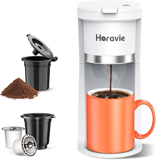 Small Single Serve Coffee Maker, Fast Brew One Cup Coffee Machine for K Cup and Grounds, 6 to 12 oz. Brew Sizes, Capsule Coffee Machine with Descaling Reminder and Viewing Tank, White