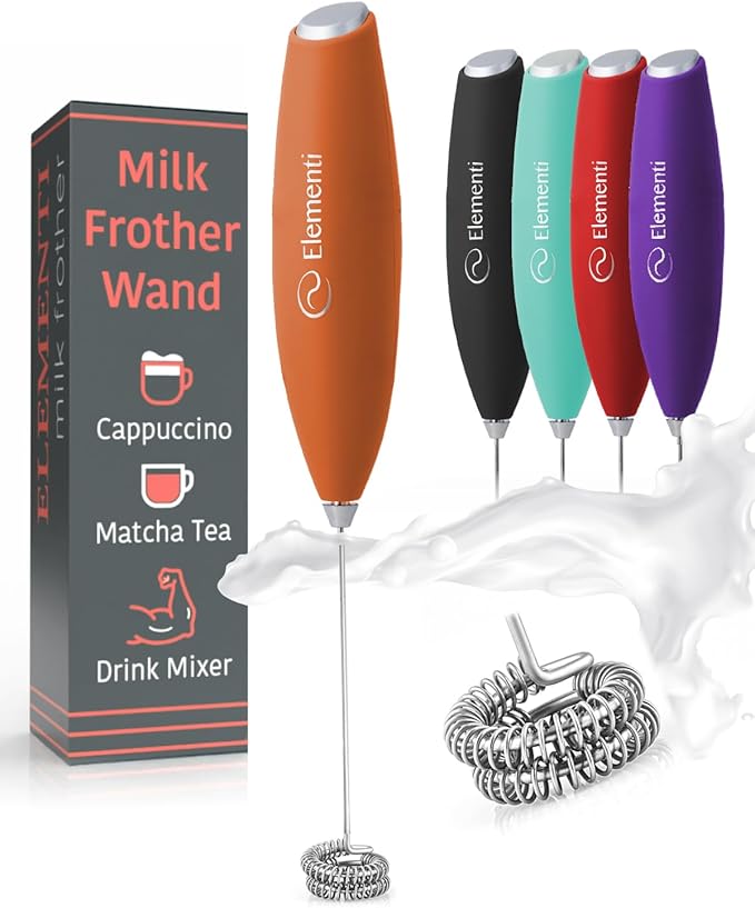 Elementi Milk Frother Wand - Easy to Use Handheld Electric Stirrer for Powder Drinks, Durable & Powerful Coffee Whisk & Protein Powder Mixer Wand, Hand Frother, Coffee Stirrers Electric Mini (Orange)