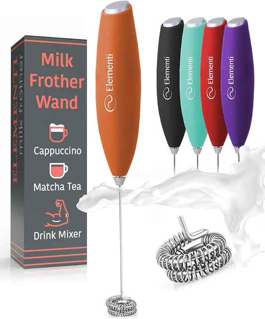Elementi Milk Frother Wand - Easy to Use Handheld Electric Stirrer for Powder Drinks, Durable & Powerful Coffee Whisk & Protein Powder Mixer Wand, Hand Frother, Coffee Stirrers Electric Mini (Orange)