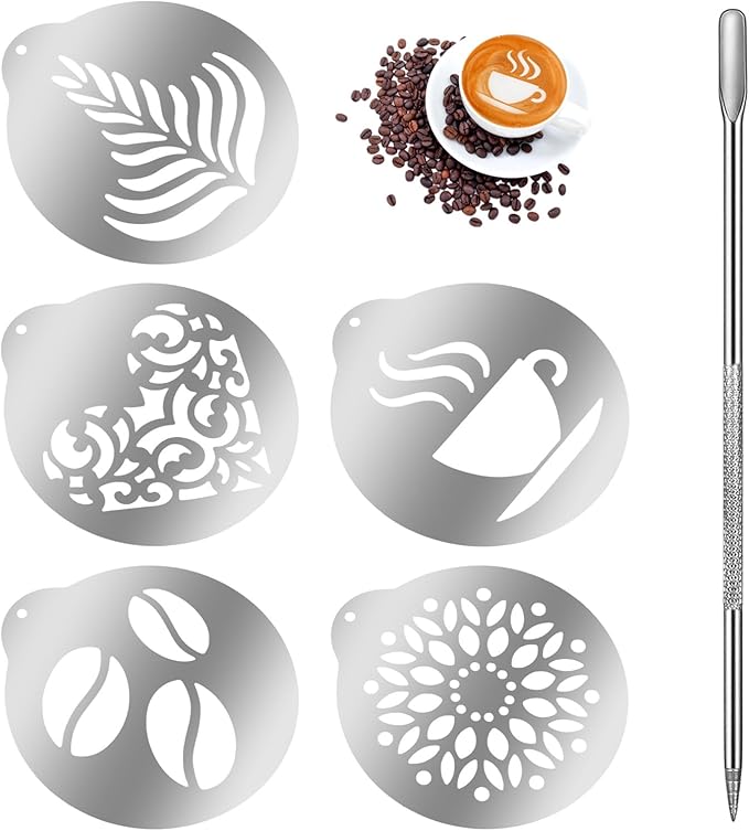 5 Pcs Latte Art Stencils,Coffee Stencils with Latte Art Pen,Lattes Stencilss with Various Patterns for Cappuccino, Hot Chocolate & Cake Decorating,Home or Cafe Use(Silver,4.53IN)