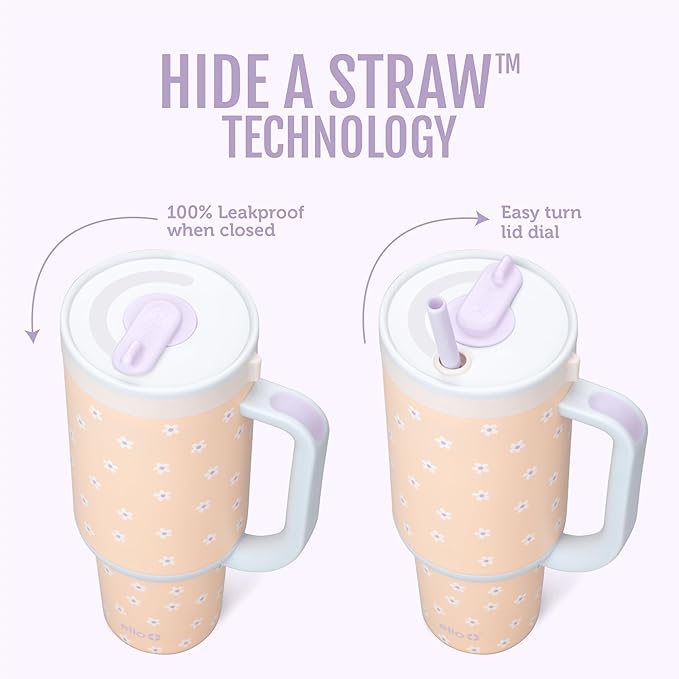 Ello Oasis 30 oz Tumbler with Handle & Retracting Straw | Reusable Insulated Stainless Steel Cup 100% Leakproof, Gifts for Teens Women Men | Keeps cold for 24 Hours, Cup Holder Friendly, Daisies