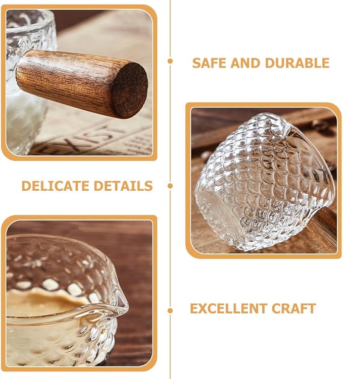 Cabilock 3pcs Glass Milk Pitcher with Wooden Handle, 6 Oz Small Glass Creamer Pitcher Set, Transparent Creamer for Coffee, Tea, Syrup, Salad Dressing