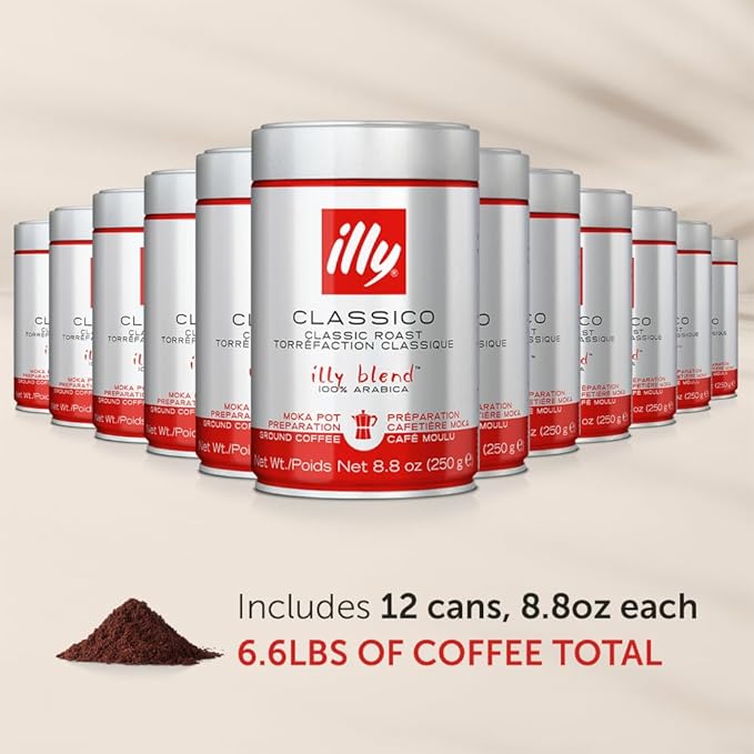 illy Ground Moka Coffee, Intenso Dark Roast, 100% Arabica, Premium Italian Coffee, Pre-Ground for Moka Pot or Stovetop Brewing, 8.8oz, 12 Pack