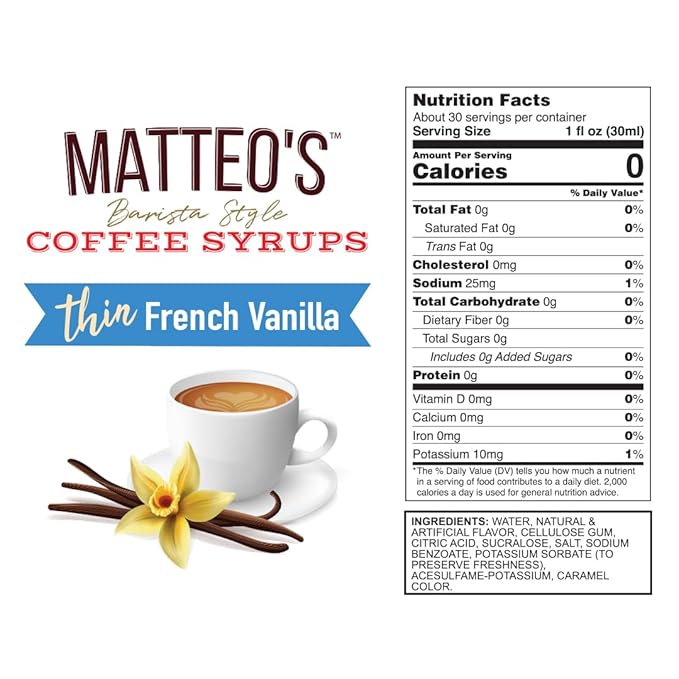 Matteo's French Vanilla Syrup for Coffee, Lattes, Cappuccinos & Desserts – Sugar-Free Sweetener for Beverages, Keto Friendly, Zero Calories, Indulgent Flavor, Non-Alcoholic, 33.8oz (6pk)