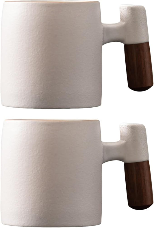 2-Oz Ceramic Espresso Cups with Wood Handle, 2/4-Piece Set for Coffee, Tea, Latte - Dishwasher Safe, Multi-Color & Wood Styles, Gift & Café Use (white, Wooden Handle2)