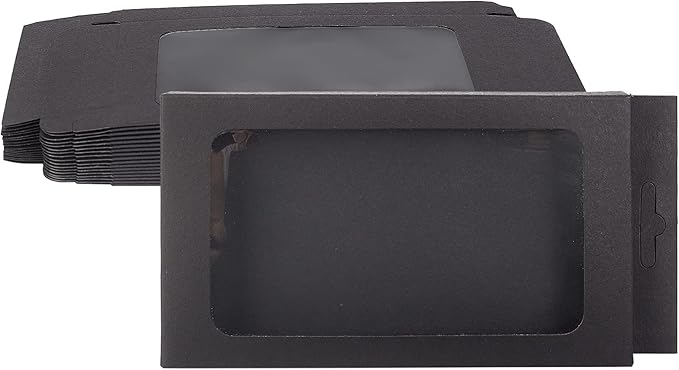 BENECREAT 20 Pack Kraft Paper Boxes with Clear Window 7x3.5x0.6" Black Gift Packaging Boxes for Bakery Cookies Cake Candy Wedding Party Favors