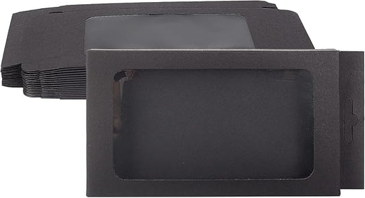 BENECREAT 20 Pack Kraft Paper Boxes with Clear Window 7x3.5x0.6" Black Gift Packaging Boxes for Bakery Cookies Cake Candy Wedding Party Favors