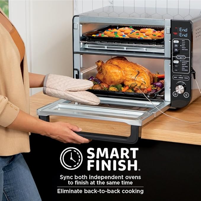 Ninja DCT451 12-in-1 Smart Double Oven with FlexDoor, Thermometer, FlavorSeal, Smart Finish, Rapid Top Convection and Air Fry Bottom , Stainless Steel
