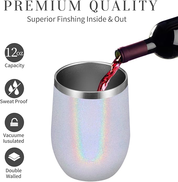MEWAY Stemless 12 OZ Wine Tumbler Glasses with Lid -Insulated Double Wall Vacuum Stainless Steel Glitter Tumbler with Straw,for Woman Under 10 dollars (Rainbow White,1)