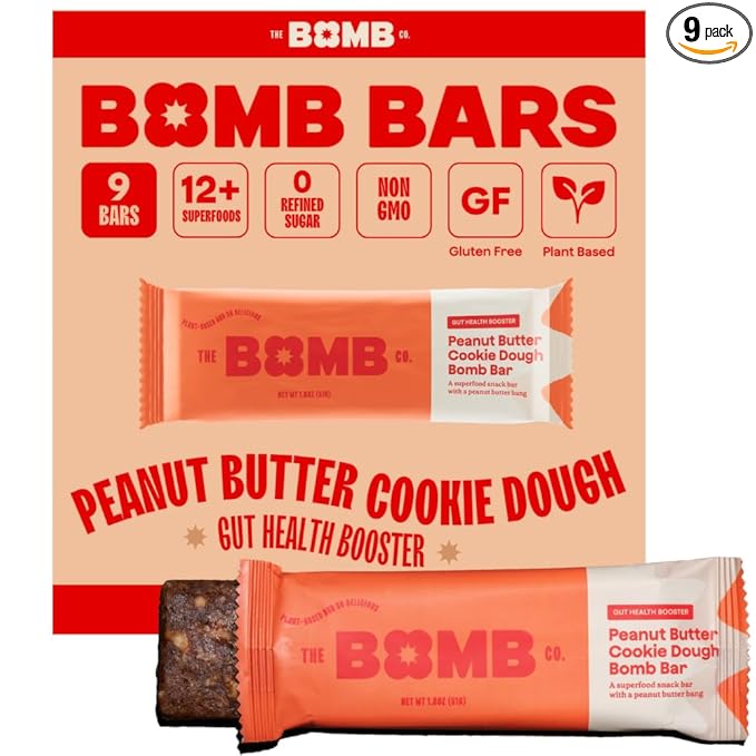 The Bomb Co. Blender Bomb Bar, Peanut Butter Cookie Dough, Superfood Snack Bar for Gut Health, Peanut Butter, Hemp Seeds, Chia Seeds, Flax Seeds, Sea Salt, Aloe Vera, Vegan Chocolate Chips, 9 Bars