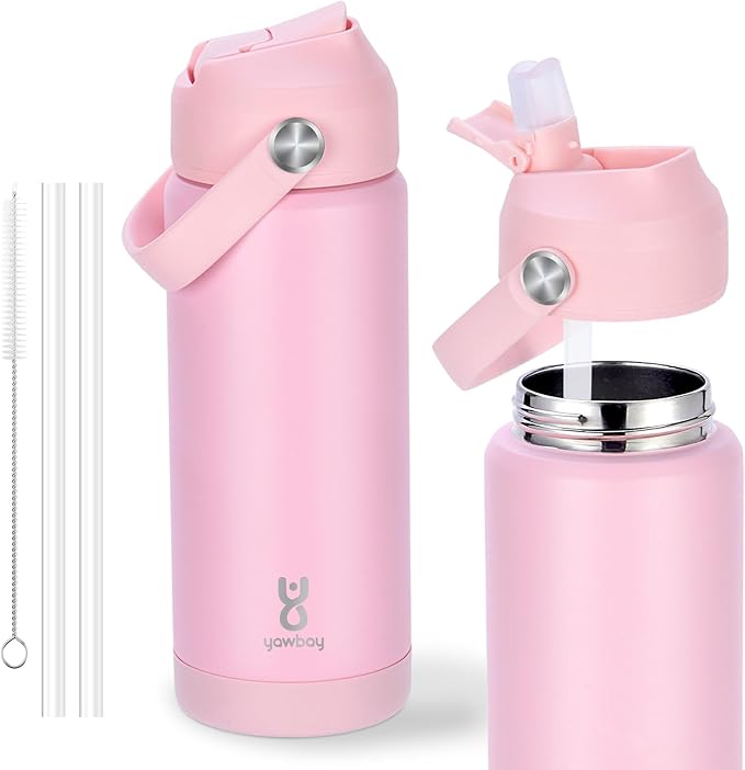 18oz Kids Insulated Water Bottle with Straw Lid & Silicone Handle,Kids Leak Proof Water Bottle for School Boys Girls,Double Wall Vacuum Stainless Steel with Non-slip Silicone Base(LightPink)