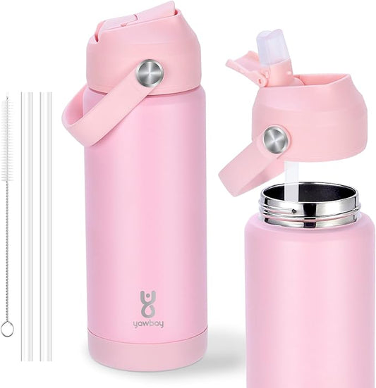 18oz Kids Insulated Water Bottle with Straw Lid & Silicone Handle,Kids Leak Proof Water Bottle for School Boys Girls,Double Wall Vacuum Stainless Steel with Non-slip Silicone Base(LightPink)