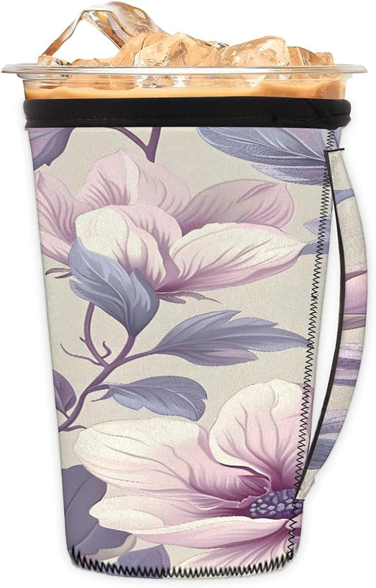 Reusable Iced Coffee Cup Sleeve Flowers Leaf Neoprene Insulated Sleeves Cup Holder with handle Idea for 30oz - 32oz