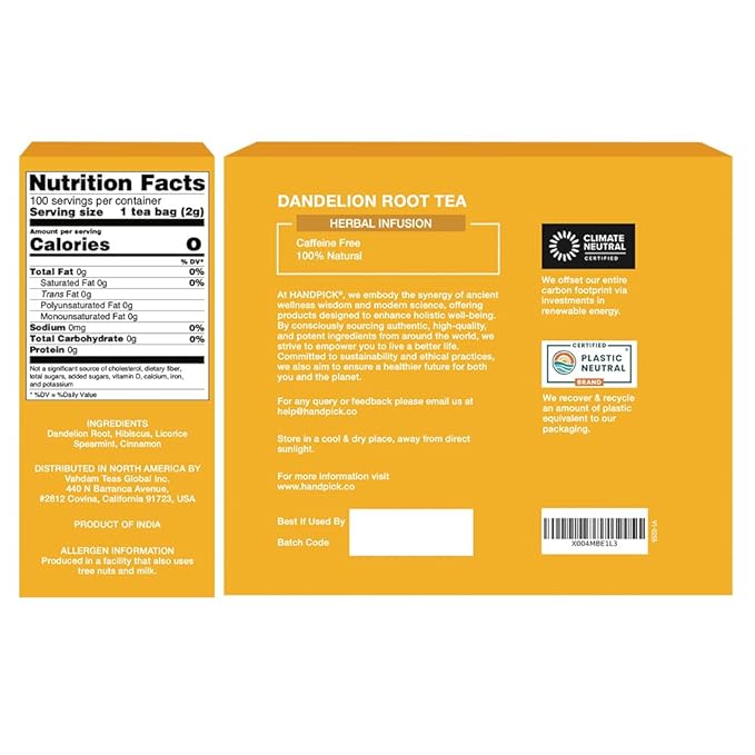 HANDPICK - Dandelion Root Tea bags, 100 Teabags - Natural Dandelion Herbal Tea - Non-GMO - Caffeine-free