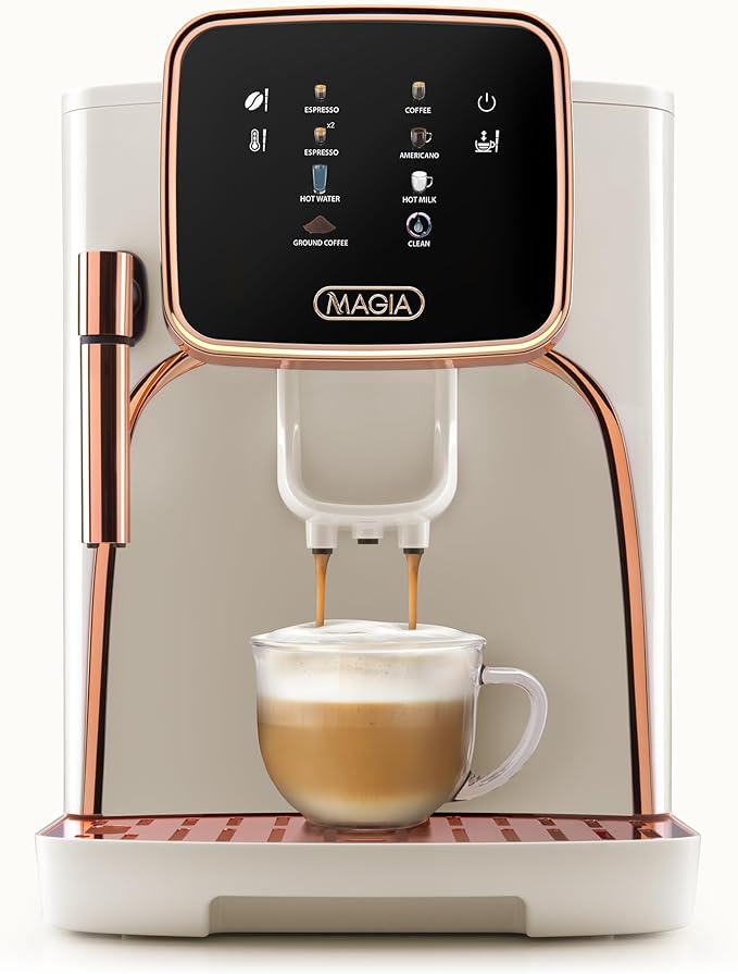 Zulay Kitchen Magia Clasica Automatic Espresso Machine with Built-In Grinder, Touch Panel Coffee Maker, Steam Wand Milk Frother, Adjustable Strength, Self-Cleaning, Cream & Copper