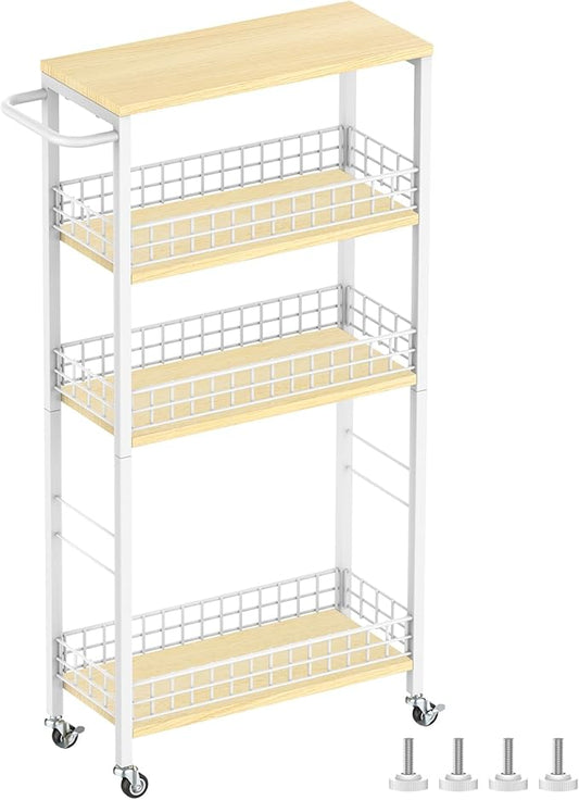 YBING Slim Storage Cart 4-Tier Rolling Kitchen Utility Cart White Narrow Laundry Storage Cart on Wheels and Wood Table Top Mobile Shelving Unit Organizer Trolley for Bathroom Small Space 7.3" W