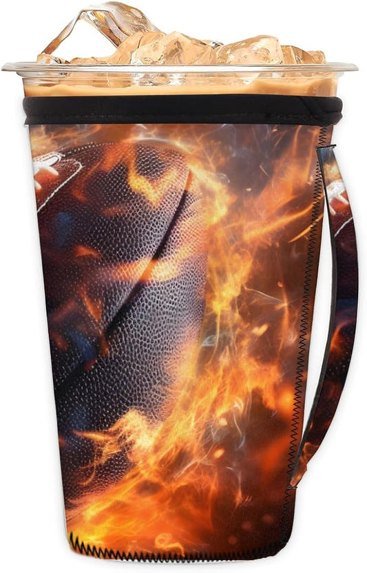 Fire American Football Reusable Insulator Coffee Sleeves for Drinks Beverages, Neoprene Holder with Handle for Most Coffee or Ice Drink, 24-28oz