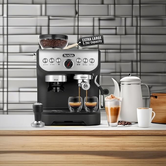 Zulay Kitchen Magia Manual Espresso Machine with Built-In Grinder & Steam Wand – 15 Bar Pressure Espresso Maker, 2L Removable Water Tank, Milk Frother, Complete Home Barista Set, Black & Silver