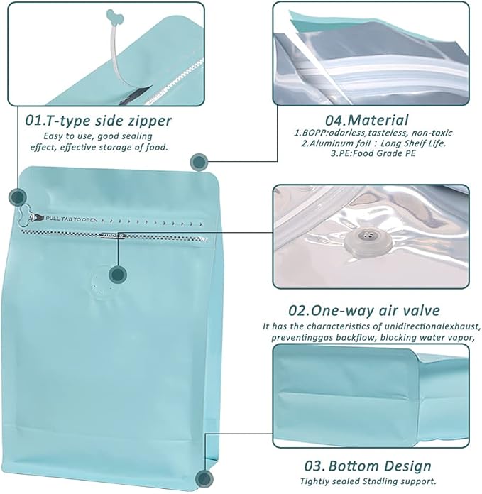 REMTAP Coffee Bags with Valve(100pcs,16oz) Tiffany Blue High Barrier Aluminumed Foil Flat Bottom Standing Coffee Beans Storage Bags,Reusable Heat Sealable Side Zipper Pouches for Home or Store