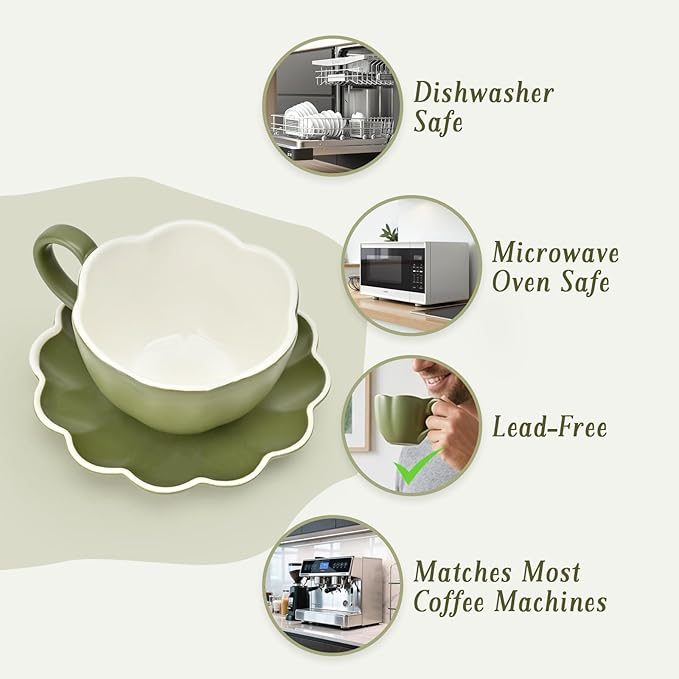 MyBudsBuzz Ceramic Espresso Cups with Saucers 6 oz,Coffe Cups for Cappuccino,Latte,Tea with Saucers Set of 2 - Flower - Vintage Green