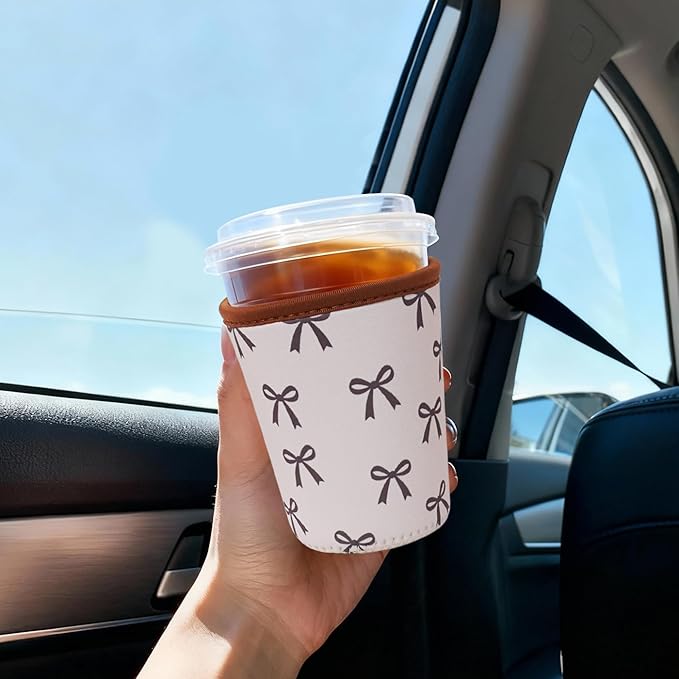 Reusable Insulated Sleeve for Iced Coffee Cup, Coffee Neoprene Sleeve for Cold & Hot Drinks, Beverage Holder for Iced Coffee (Cream Bow, Small: 16-18oz)