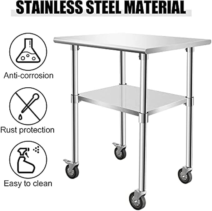 Stainless Steel Table - Metal Table Cart - Commercial Workbench with Caster Wheel - NSF Certified - for Restaurant, Warehouse, Home, Kitchen, Garage,36''x30''