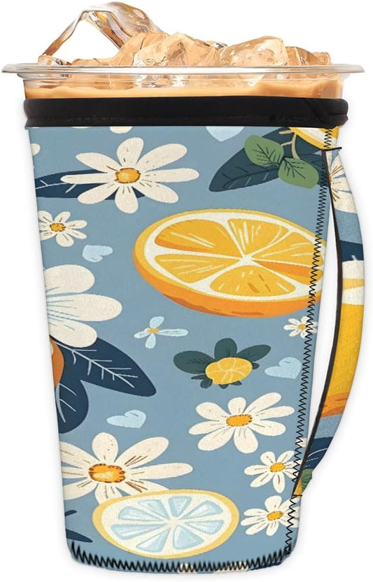 Reusable Iced Coffee Cup Sleeve Daisy Lemon Neoprene Insulated Sleeves Cup Holder with handle Idea for 24oz - 28oz