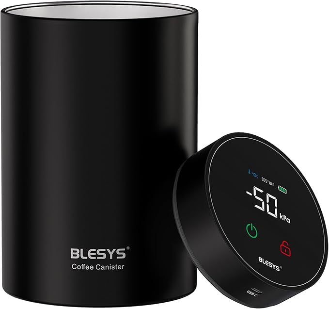 Smart Vacuum Coffee Canister, Automatic Stainless Steel Food Storage Container, LCD Monitoring, One-touch Freshness, Date Tracker, Extra-long Standby Time, holds 20oz Coffee Beans (Black, 1.8L)