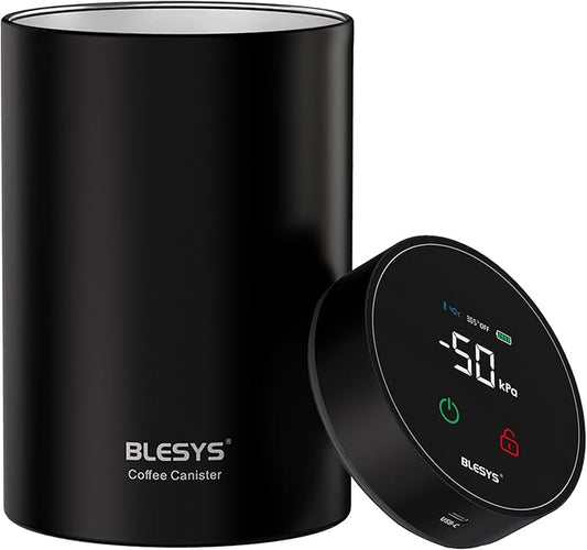 Smart Vacuum Coffee Canister, Automatic Stainless Steel Food Storage Container, LCD Monitoring, One-touch Freshness, Date Tracker, Extra-long Standby Time, holds 20oz Coffee Beans (Black, 1.8L)