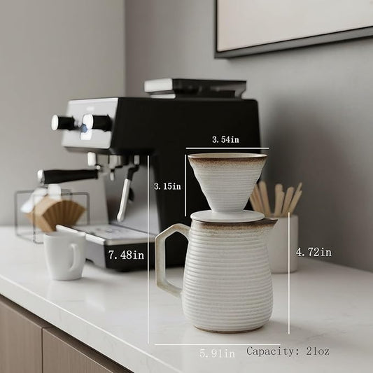Pour Over Coffee Maker Set - Ceramic V60 Dripper Pot, Heat-Resistant & Easy Clean, Manual Slow Drip Coffee Brewer for Office, Home, Camping 1-3 Cup Pour Over Kit 20 coffee filters (white)