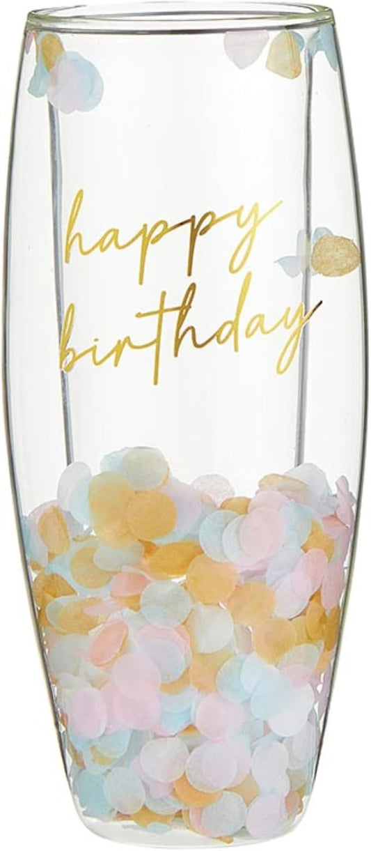 Slant Collections Double-Wall Glass Stemless Champagne Glass Colorful Confetti Birthday, 8-Ounces, Happy Birthday
