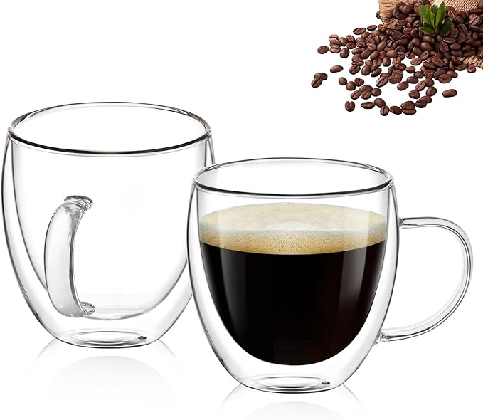 Espresso Cups Set of 2,Hand Blown 5oz Double Walled Insulated Espresso Coffee Mugs with Handle,Perfect for Cappuccino, Latte, Tea, Clear Glass Espresso Shot Cups Suitable for Coffee Machine