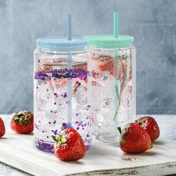 Snow Globe Tumbler, 25Pack 16oz Sublimation Double Wall Glass Tumbler with Mix Color Lids and Straws, Reusable Clear Beer Can Mason Jar Mug for Snow Globe Glitter DIY