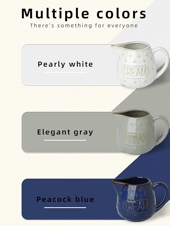 Creamer Pitcher,10 OZ Ceramic Creamer Pitcher with Handle for Milk, Sauces, Salad, Coffee, Farmhouse Kitchen Decor, Microwave & Freezer Safe (Vintage White)