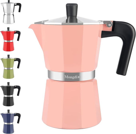 Mongdio Stovetop Espresso Maker Moka Pot, Stove Top Cuban Coffee Maker, Italian Greca Mocha Pot, 6 Espresso Cups, 10 oz - Pink
