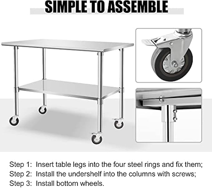 Stainless Steel Table - Metal Table Cart - Commercial Workbench with Caster Wheel - NSF Certified - for Restaurant, Warehouse, Home, Kitchen, Garage,48''x30''