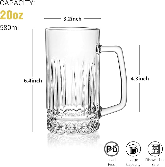 20oz Beer Mug, 4 Pack Glass Beer Mugs for Freezer, Clear Large Beer Steins with Handle, Gifts for Men