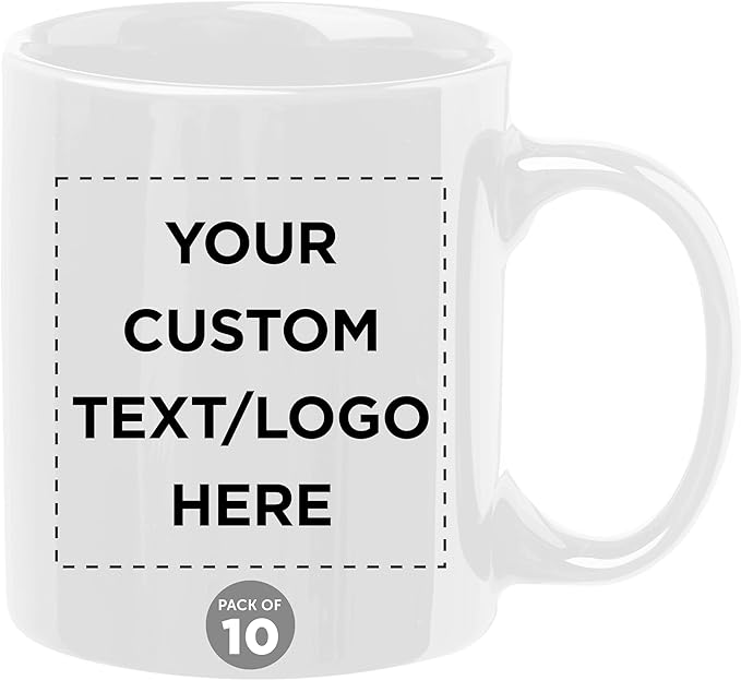 Custom Ceramic Coffee Mugs 11 oz. Set of 10, Personalized Bulk Pack - Coffee cup set, Iced coffee cup, Gaming mug - Creamy White
